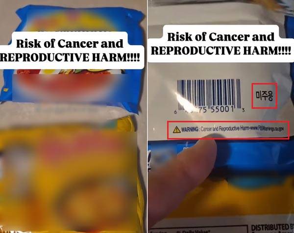 해외에서 판매 중인 일부 한국산 라면 포장지에 적힌 ‘발암 및 생식기능 손상’ 경고 문구가 해외 소셜미디어에서 화제를 모으고 있다./사진=네티즌 인스타그램