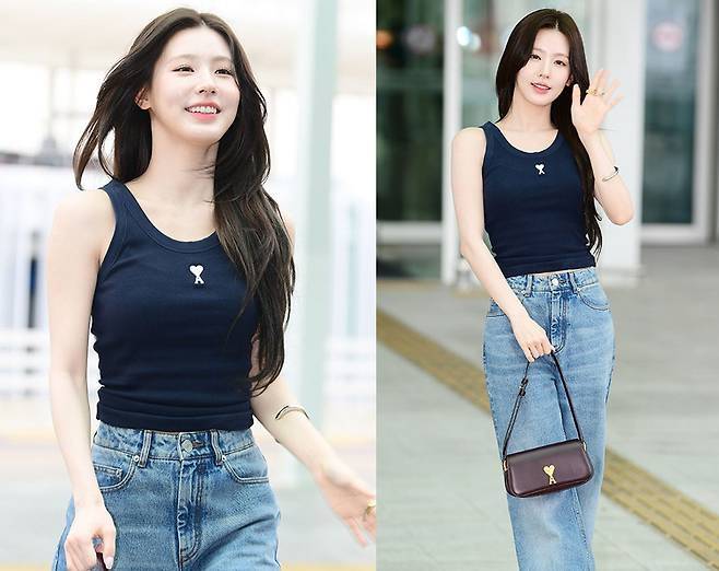 아이들 미연이 공항에서도 ‘미연 룩’을 완성하며 파리로 출국했다. 사진=김영구 기자