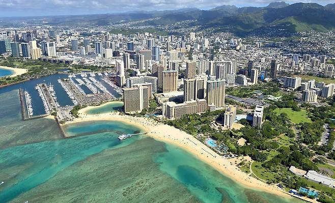 하와이 와이키키, 알라모아나센터, 수상택시 정박포트 일대 전경