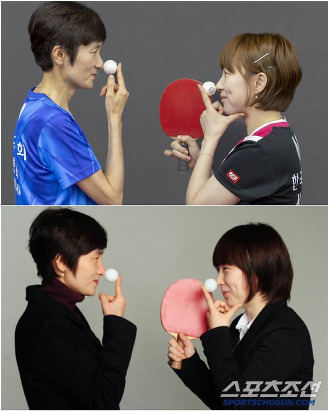 2025년 6월 현정화 한국마사회 총감독(왼쪽)과 서효원이 13년 전 포즈를 똑같이 취했다. 사진 아래는 2011년 종합탁구선수권 첫 개인단식 우승 후 2012년 1월 스포츠조선 내방 인터뷰 중 현정화 감독(왼쪽)과 서효원. 한결같은 사제지간, 13년의 세월이 무색하다. 사진=월간탁구, 정재근 기자