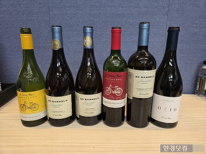 지난 20일 서울 서초구에서 열린 코노수르 세미나에 와인 6종이 진열돼있다./사진=박수림 기자