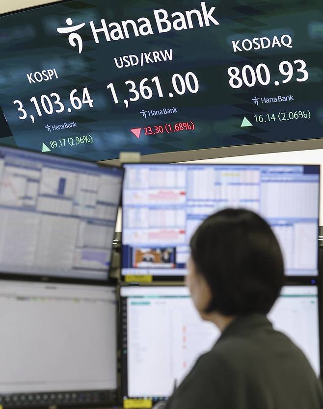 24일 서울 중구 하나은행 본점 딜링룸에서 딜러들이 업무를 보고 있다. 사진=임형택 한국경제신문 기자