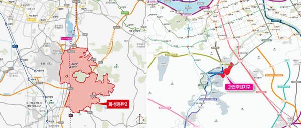 (왼쪽부터) 화성동탄2지구C14, 과천주암지구C2·C1 블록 위치도. LH 경기남부지역본부 제공