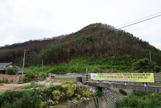 29일 오후 영덕군 지품면 수암리 하천 다리에 산사태 위험 지역 현수막이 걸려 있다. 산불 피해 주민은 다시 산사태 발생의 불안을 안고 살아가고 있다.