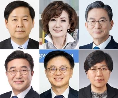 대통령실은 29일 강훈식 대통령비서실장의 브리핑을 통해 이재명 대통령의 장관급 추가 인선을 발표했다. (사진 왼쪽 위부터) 구윤철 기획재정부 장관 후보자, 이진숙 교육부 장관 후보자, 정성호 법무부 장관 후보자. (사진 왼쪽 아래부터) 윤호중 행정안전부 장관 후보자, 김정관 산업통상자원부 장관 후보자, 정은경 보건복지부 장관 후보자. 연합뉴스