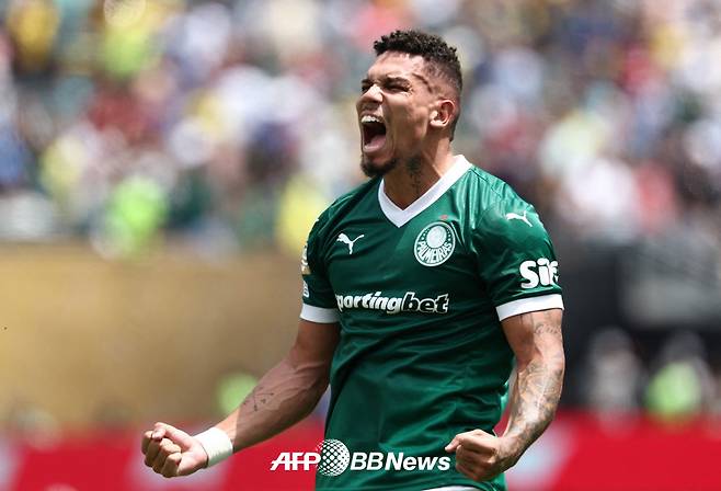 브라질 파우메이라스 파울리뉴가 29일 보타포구와의 2025 FIFA 클럽 월드컵 16강전 연장전에서 골을 터뜨린 뒤 포효하고 있다. /AFPBBNews=뉴스1