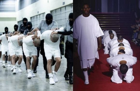 테러범수용센터(CECOT·세코트)의 죄수들 모습(왼쪽)과 윌리 차바리아의 패션쇼 모습. 로이터 연합뉴스 자료사진