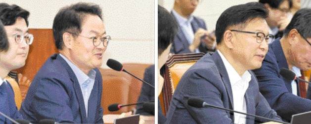 ▲ 30일 국회에서 열린 정무위원회 전체회의에서 더불어민주당 소속 허영(춘천·철원·화천·양구 갑·왼쪽 사진) 의원과 국민의힘 소속 이양수(속초·인제·고성·양양) 의원이 인사말을 하고 있다.