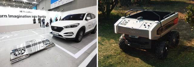 HL그룹의 자율주행 주차 로봇 ‘파키(왼쪽)’와 대동의 농업용 운반로봇 ‘RT100’. 그래픽=손민균