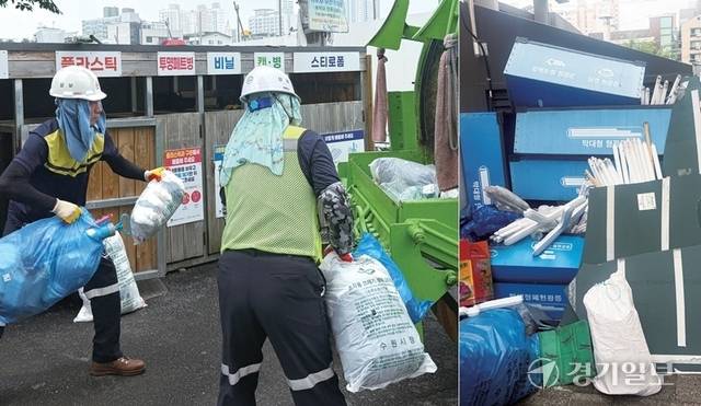 폐건전지, 폐형광등, 폐농약병 등 생활계 유해폐기물에 대한 경기지역 지자체들의 대응과 관리체계가 여전히 미흡한 실정이다. 사진은 생활계 유해폐기물 전용 수거함이 설치되지 않은 한 재활용장(왼쪽)과 외부에 무분별하게 쌓여 있는 생활계 유해폐기물 모습. 조주현기자