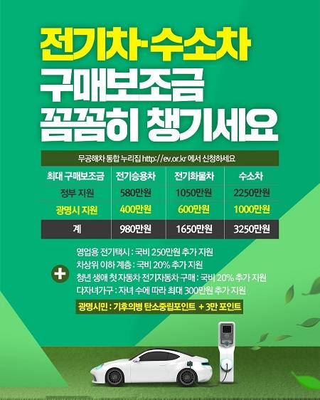 ▲'친환경 자동차 구매비용' 지원사업 안내 ⓒ광명시