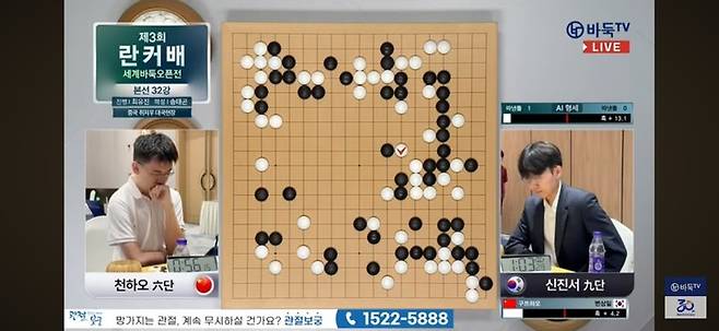 중반 들어 인공지능 승리 예상치가 흑 쪽으로 확 기울어 있다. (사진 바둑TV 캡처)