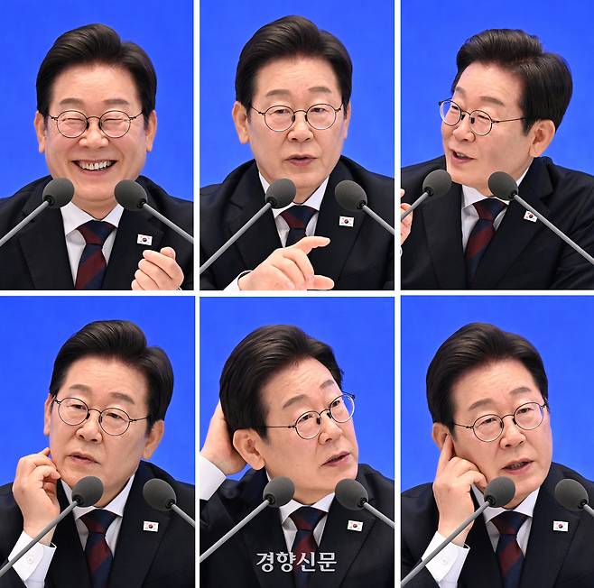 이재명 대통령이 3일 청와대 영빈관에서 열린 취임 첫 공식 기자회견 ‘대통령의 30일, 언론이 묻고 국민에게 답하다’에 참석해 기자들의 질문에 답변하고 있다. 대통령실사진기자단