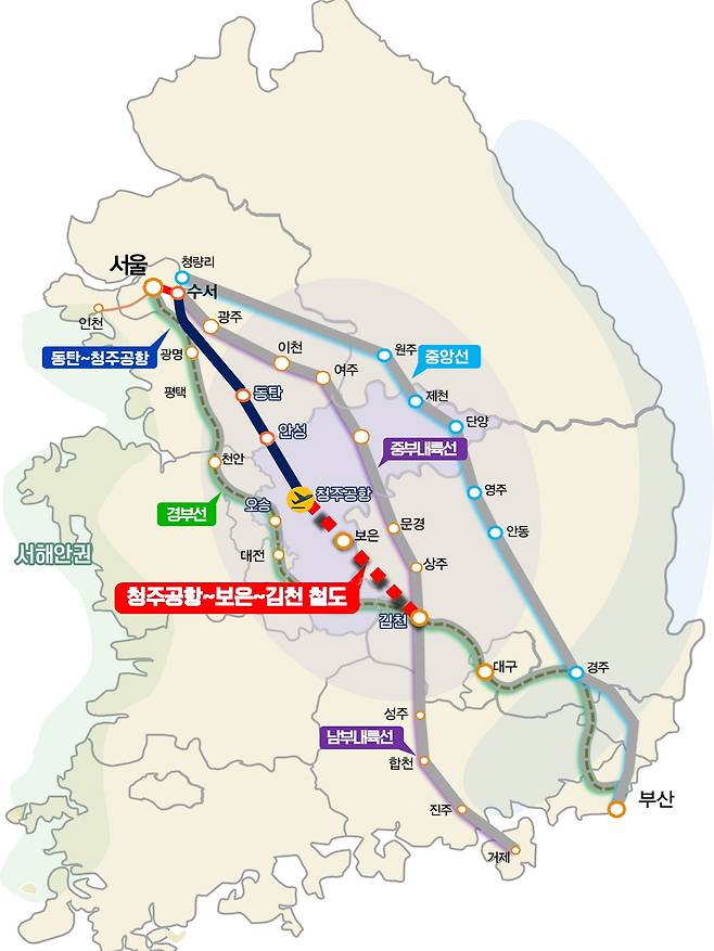 청주공항∼보은∼김천을 잇는 철도 노선(안). 충북도 제공