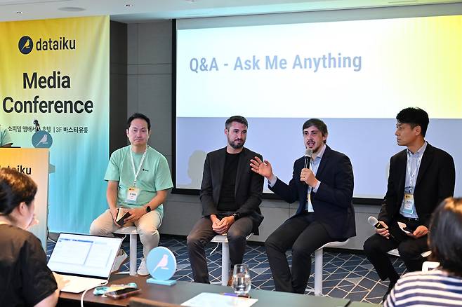 Dataiku co-founder and Chief Technology Officer Clément Sténac speaks during a media conference in Seoul on July 3. From left are Dataiku Senior Solutions Engineer Woo Jae-ha, Vice President of Platform Strategy Jed Dougherty, Sténac, and Korea Country Manager JD Kim.