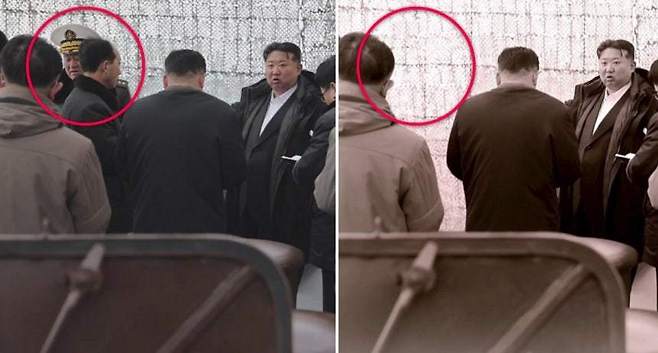 김정은의 올해 3월 현지시찰 사진에 있었던 김명식 해군사령관과 홍길호 청진조선소 지배인(빨간 동그라미)은 6월 공개된 기록영화에서 사라졌다. NK뉴스