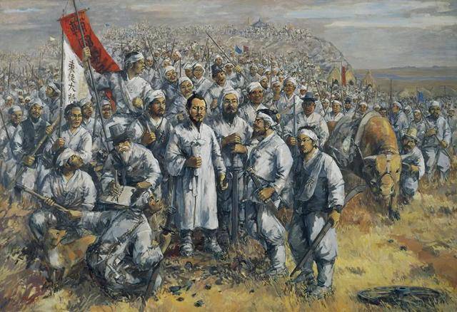 1894년 동학농민혁명 당시 지도자였던 전봉준과 참여자들을 그린 '동학혁명군 백산봉기도'. 동학농민혁명기념재단 제공