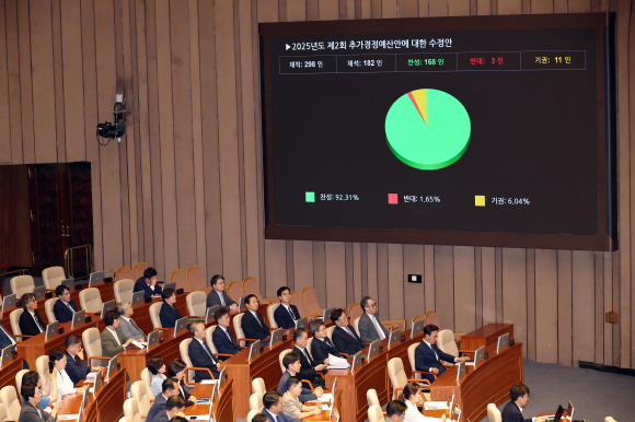 4일 국회 본회의에서 2025년도 제2회 추가경정예산안에 대한 수정안이 통과되고 있다. 연합뉴스