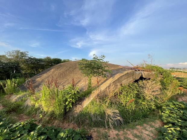 무안군 망운면 목동리의 한 고구마 밭 옆에 있는 격납고의 뒷면이 토사와 수풀로 막혀있다.