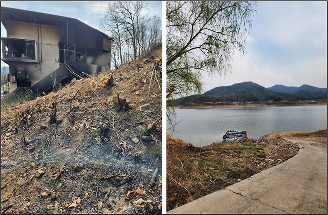 2025년 3월 경북 안동에서 발생한 산불로 인해 전소된 (구) 남선우체국 건물 및 인근 토양(왼쪽)과 안동호 석동 선착장(오른쪽). 산불 발생지역 인근에 위치한 안동호수는 강우발생 시 많은 양의 인근 토사가 수계로 유출될 것으로 예상된다. 포스텍 제공
