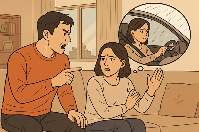 시어머니 아프다는 연락에 운전대 잡은 아내가 과속하지 않은 게 서운하다는 남편 말에 갑갑하다는 아내의 모습을 AI로 만든 이미지. /사진=챗GPT
