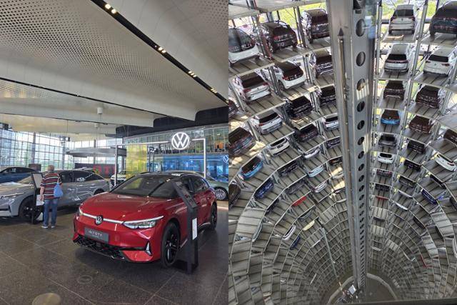 지난달 26일 볼프스부르크에 위치한 폭스바겐 고객센터에서 한 고객이 차량을 인도받기 직전 전시된 차량을 둘러보고 있다(왼쪽). 폭스바겐은 고객이 주행거리 0㎞인 차량을 직접 방문해 인도받는 서비스를 제공한다. 오른쪽은 고객에게 인도할 차량을 보관하는 자동차 타워(Car tower). 영화 '미션임파서블'에도 등장해 유명해졌다. 볼프스부르크=정승임 특파원