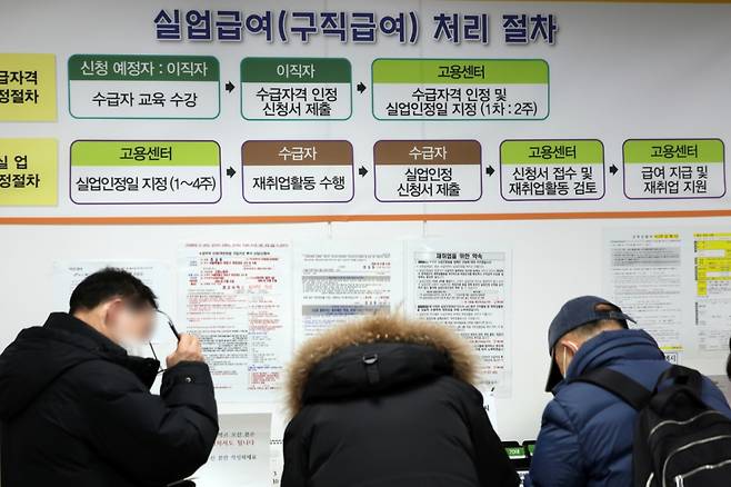 서울 마포구 고용노동부 서울서부지청에서 구직자가 실업급여 신청서를 작성하고 있다. 2025.2.17/뉴스1 Copyright (C) 뉴스1. All rights reserved. 무단 전재 및 재배포, AI학습 이용 금지. /사진=뉴스1
