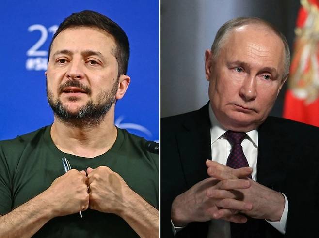 볼로디미르 젤렌스키 우크라이나 대통령(왼쪽)과 블라디미르 푸틴 러시아 대통령. AFP 연합뉴스