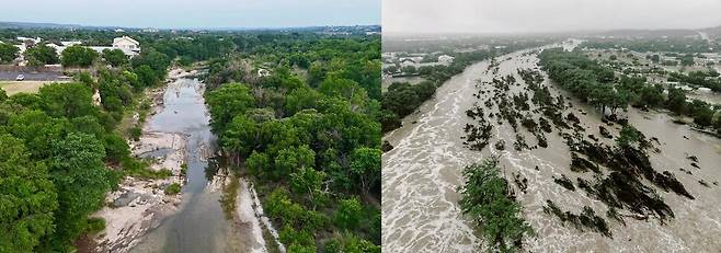 미국 텍사스주 커빌의 과달루페강의 지난 5월 모습(왼쪽)과 지난 7월4일 홍수로 범람한 모습(오른쪽). 출처 뉴욕타임스