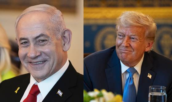 베냐민 네타냐후 이스라엘 총리(왼쪽), 도널드 트럼프 미국 대통령. 두 정상은 7일(현지시간) 미 워싱턴 DC 백악관에서 만찬을 가졌다. AP·EPA=연합뉴스