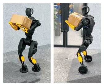 중국 즈위안로봇이 개발한 휠·풋 전환 휴머노이드 로봇 '링시 X2-N'이 풋 모드로 상자를 들고 계단을 오르고 있다. 오른쪽 사진은 휠 모드로 상자를 들고 경사면을 내려가는 모습.
바이두