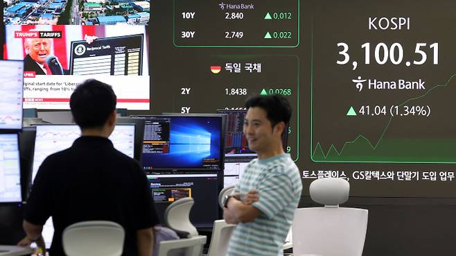 코스피가 기관 매수와 개인 매도로 3100선 안팎 등락한다. 사진은 서울 중구 하나은행 딜링룸 전광판./사진=뉴시스