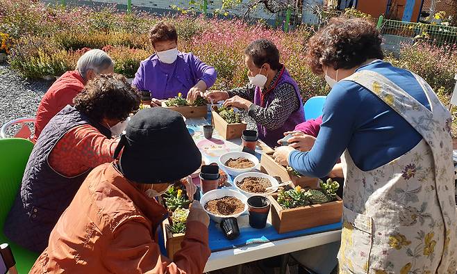 충북 진천군 ‘케어팜’에서 참여자들이 화분 등을 이용해 작물을 심고 있다. 진천군 제공