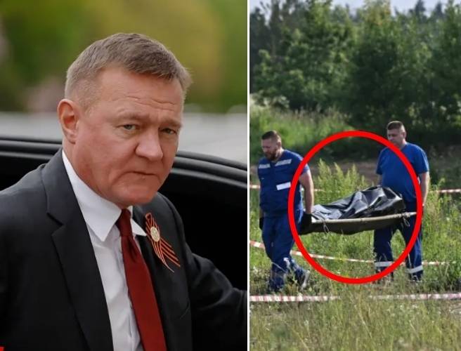 로만 스타로보이트(53) 러시아 전 교통장관(왼쪽)이 7일 자신의 테슬라 차 안에서 숨진 채 발견됐다. 시신을 수습 중인 러시아 연방수사위원회 요원들(오른쪽). AP 연합뉴스