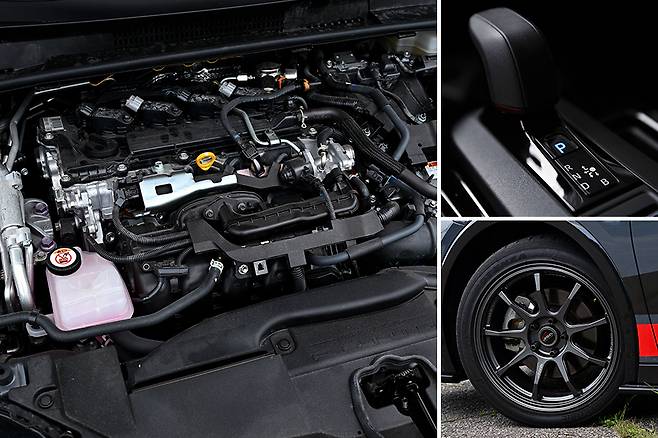 223마력을 내는 프리우스 PHEV의 파워트레인, 그리고 휠과 타이어. 사진: 김학수 기자