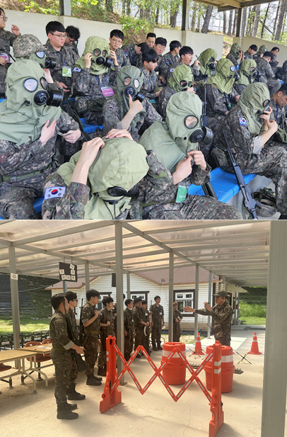 예비군 장병들이 화생방 훈련(위)과 목진지 훈련(아래)을 받고 있다. 50사단 제공