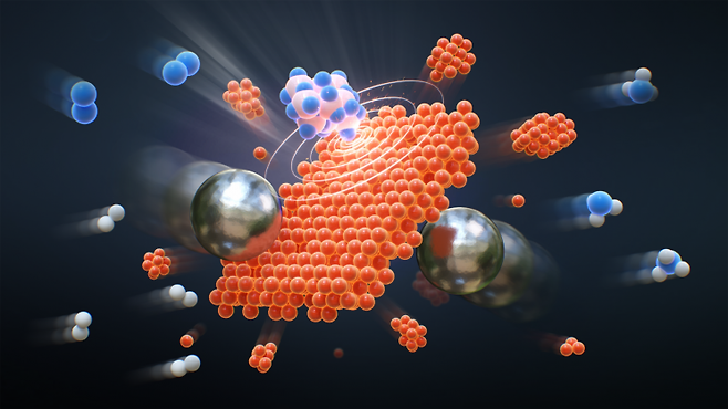 쇠구슬 충돌에 의해 철 촉매 표에서 질소와 수소가 반응해 암모니아가 생성되는 과정.