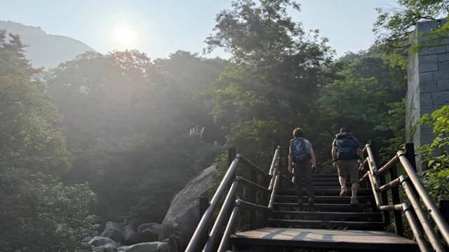 8일 경기 고양시 북한산국립공원을 찾은 등산객들이 나무 계단을 오르고 있다. 문지수 기자