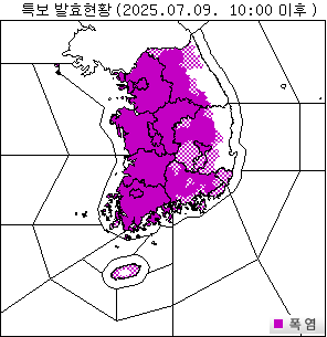 9일 오전 10시 폭염특보 발효 현황. 전부 색깔이 칠해진 곳은 폭염경보, 격자무늬로 표시된 부분은 폭염주의보 발령 지역이다. 기상청