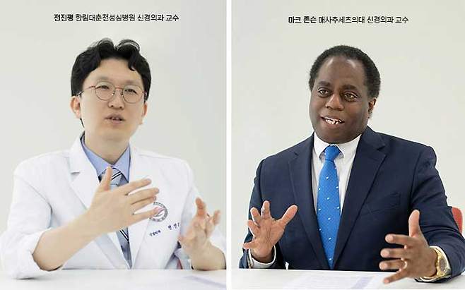 한림대춘천성심병원 전진평 교수(왼쪽)와 미국 매사추세츠의대 마크 존슨 교수가 ‘한림 브레인 컴퍼런스’(Hallym BRAIN Conference)에 참여해 발언하고 있다. 이들은 AI와 거점지역 병원 원격 협진이 전세계 의료취약지의 뇌출혈 환자들을 구할 수 있다고 입을 모았다. /김지아 헬스조선 객원기자