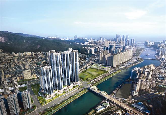 부산 해운대 ‘르엘 리버파크 센텀’ 광역조감도.