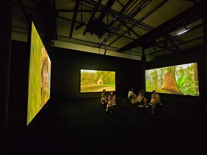 Ho Tzu Nyen's installation "Phantoms of Endless Day" is shown at the exhibition "Phantom Day and Stranger Tales" at LUMA Arles in France. (Park Yuna/The Korea Herald)