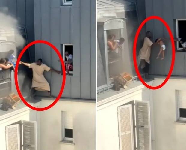 화재로 불이 난 프랑스 파리의 한 아파트에서 어린아이 4명을 포함해 총 5명을 구출한 푸세누 시세. 틱톡 영상 캡처