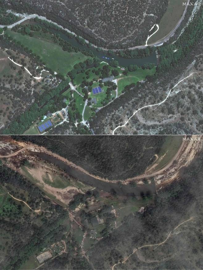 미국 민간위성기업 맥사 테크놀로지가 제공한 위성 사진. 홍수 전인 6월 23일(현지시간)과 홍수 후인 7월 8일(현지시간) 텍사스주 커 카운티 헌트 지역을 지나는 과달루페 강의 모습이 보인다. 2025.7.9 AFP 연합뉴스