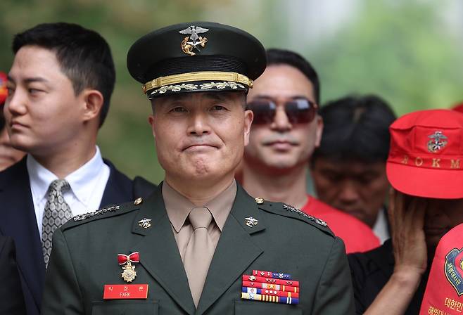 박정훈 대령이 지난달 27일 서울 서초구 서울고등법원에서 열린 항소심 2차 공판에 출석하고 있다. 사진출처: 뉴시스