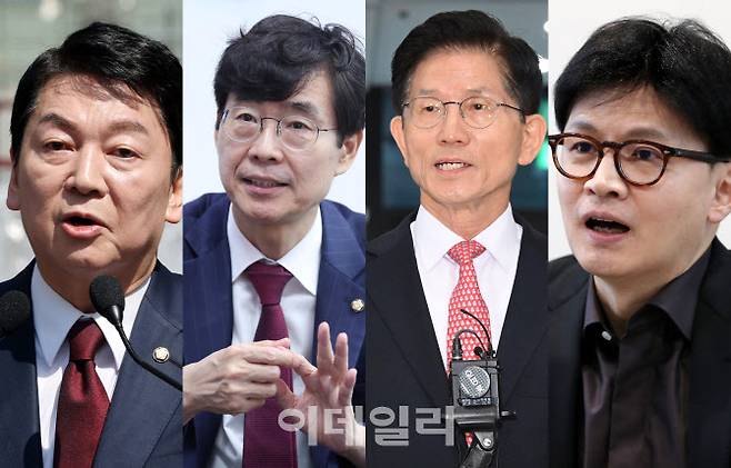 왼쪽부터 안철수 국민의힘 의원, 조경태 의원, 김문수 전 고용노동부 장관, 한동훈 전 대표(사진 = 이데일리 김태형 노진환 기자)
