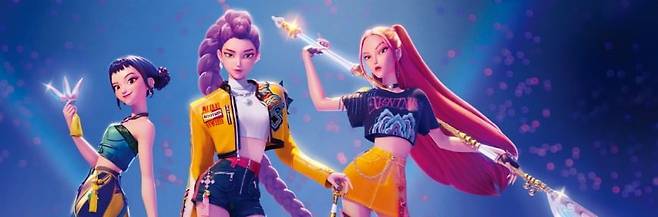 케이팝 데몬 헌터스에 등장하는 가상 걸그룹 ‘헌트릭스’. 왼쪽부터 조이, 루미, 미라. /넷플릭스 제공
