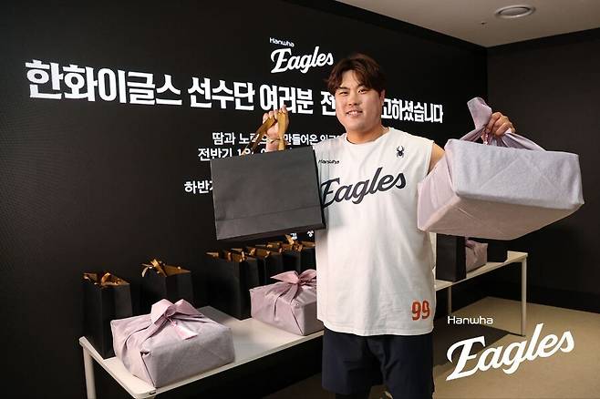 ▲ 김승연 회장의 선물을 들고 포즈를 취하고 있는 류현진 ⓒ한화이글스