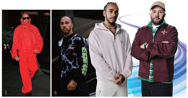 5 철저한 비건인 루이스 해밀턴을 위해 원래 가죽 소재인 보테가베네타 레드 셋업이 면으로 제작됐다. 6 해밀턴이 자신의 패션 브랜드 ‘+44’를 입고 있다. 7 디올 맨의 전 크리에이브 디렉터 킴 존스와 ‘디올×루이스 해밀턴’ 캡슐 컬렉션에 공동 디자이너로 참여했다. / 사진 루이스 해밀턴 인스타그램