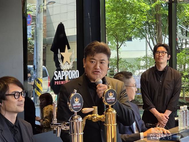 11일 서울 성수동에서 열린 '삿포로 프리미엄 비어스탠드' 오픈 미디어행사에서 이노우에 타이스케 삿포로 국제사업본부 아시아퍼시픽&유럽사업부 부장이 발언하고 있다./사진=박수림 기자